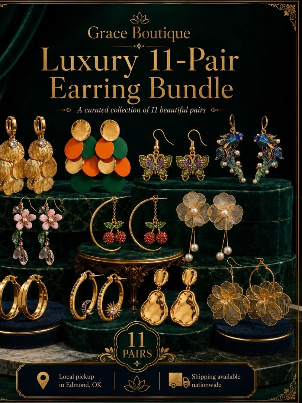 Gold and Multicolor 11-Pair Women’s Earring Bundle